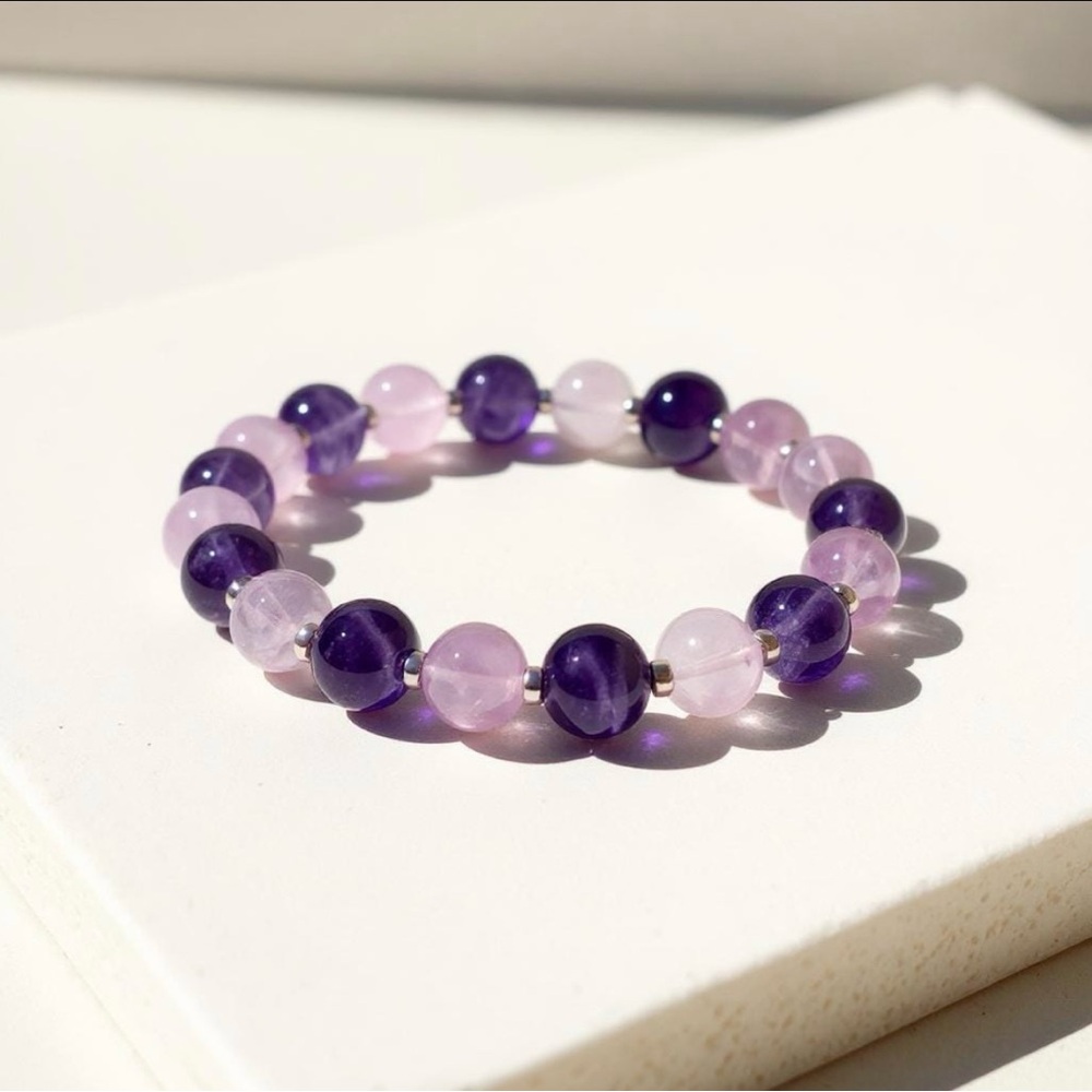 Natural Amethyst and Rose Quartz Bracelet with Hematite. Size 8 inch.